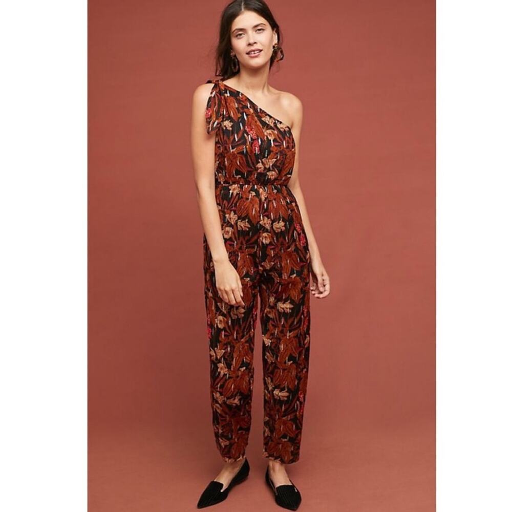 Anthropologie Maeve Kyoto Floral Print Jumpsuit One Shoulder Brown Black 0 $188